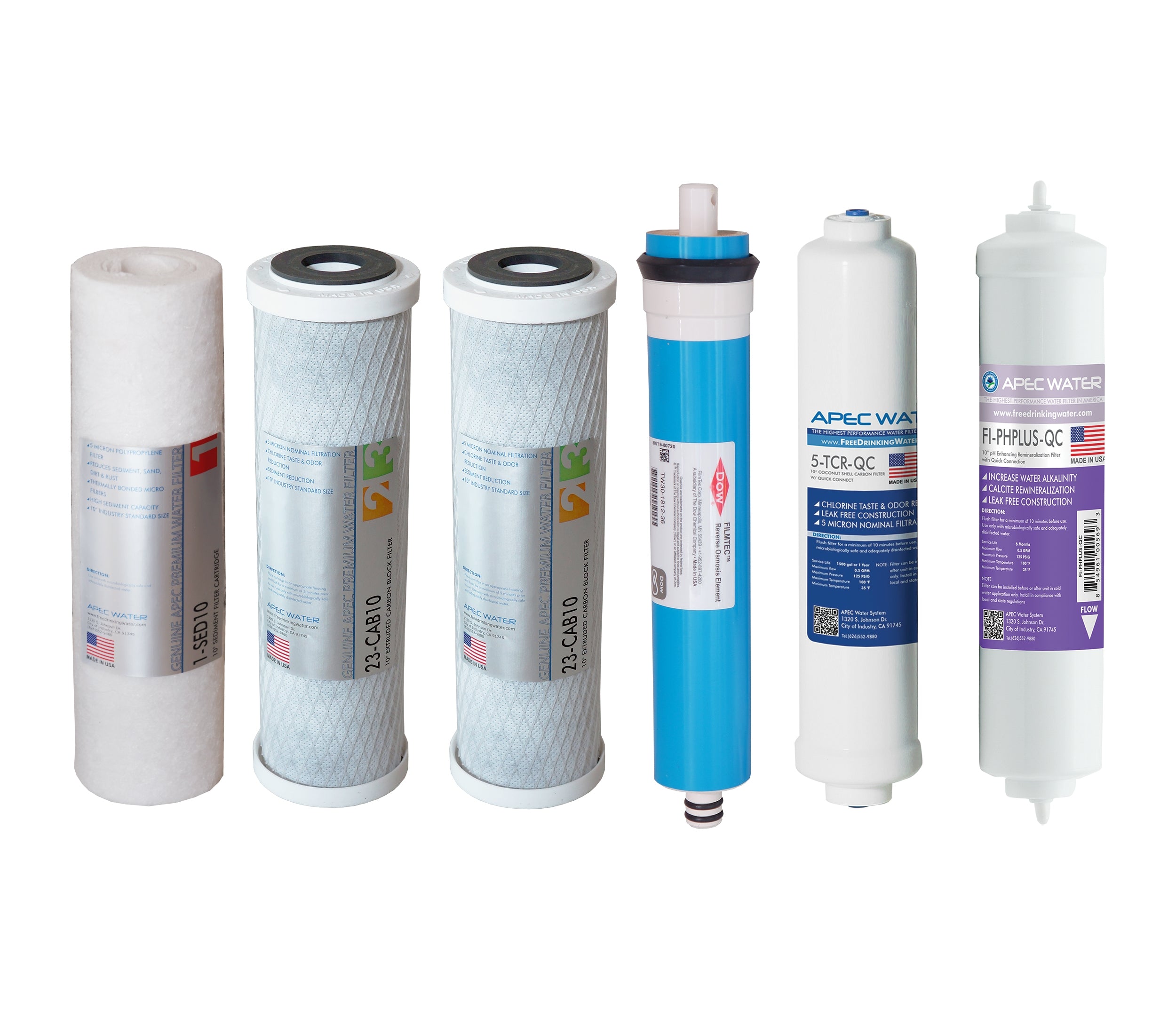 APEC RO Replacement Filters Complete Filter Set for ULTIMATE 90 GPD PH Reverse Osmosis 6-Stage Systems (Stages 1-6) - With 1/4"D Tubing