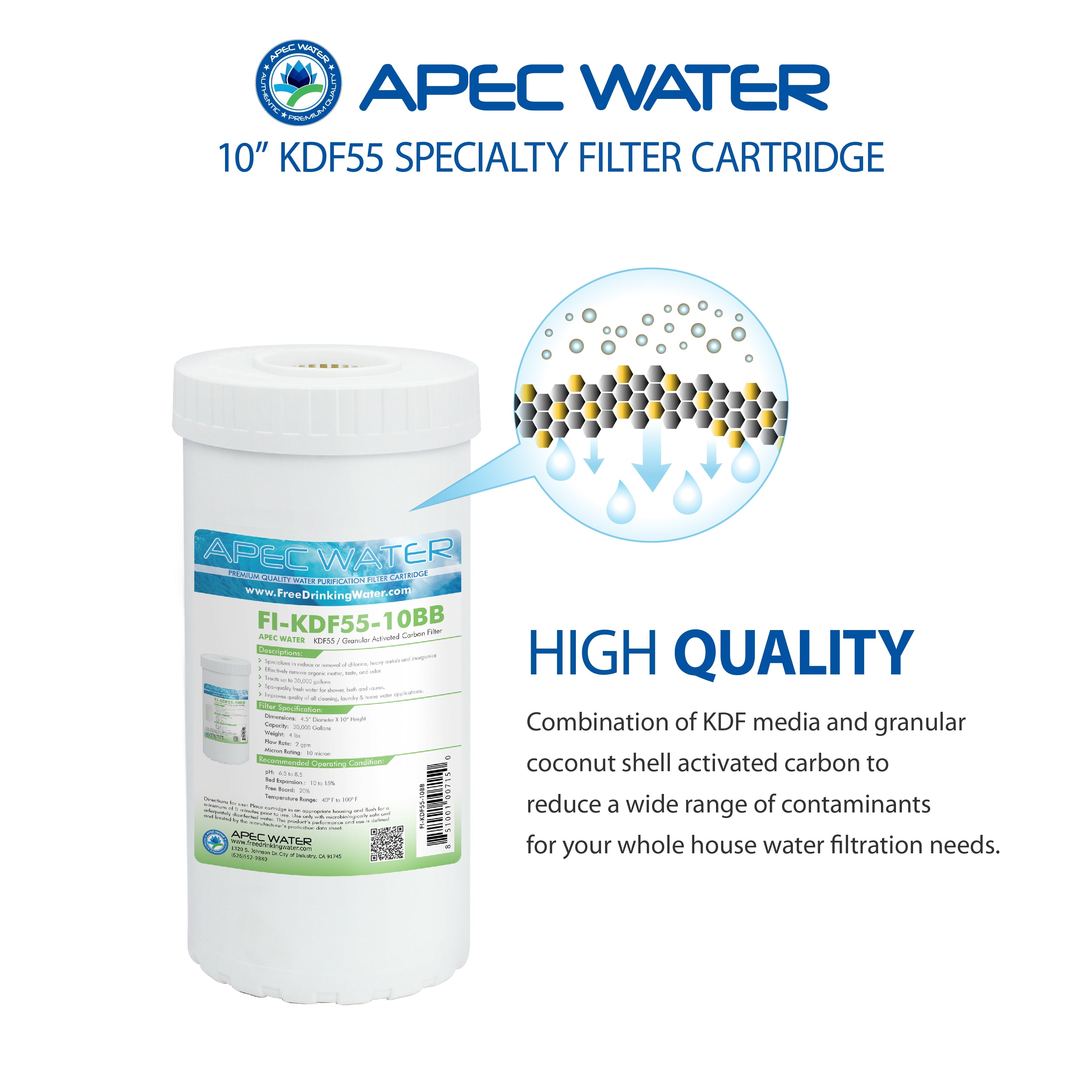 US Made Chlorine, Heavy Metal and Bacteria Reduction Specialty Filter 4.5"x 10 Inch