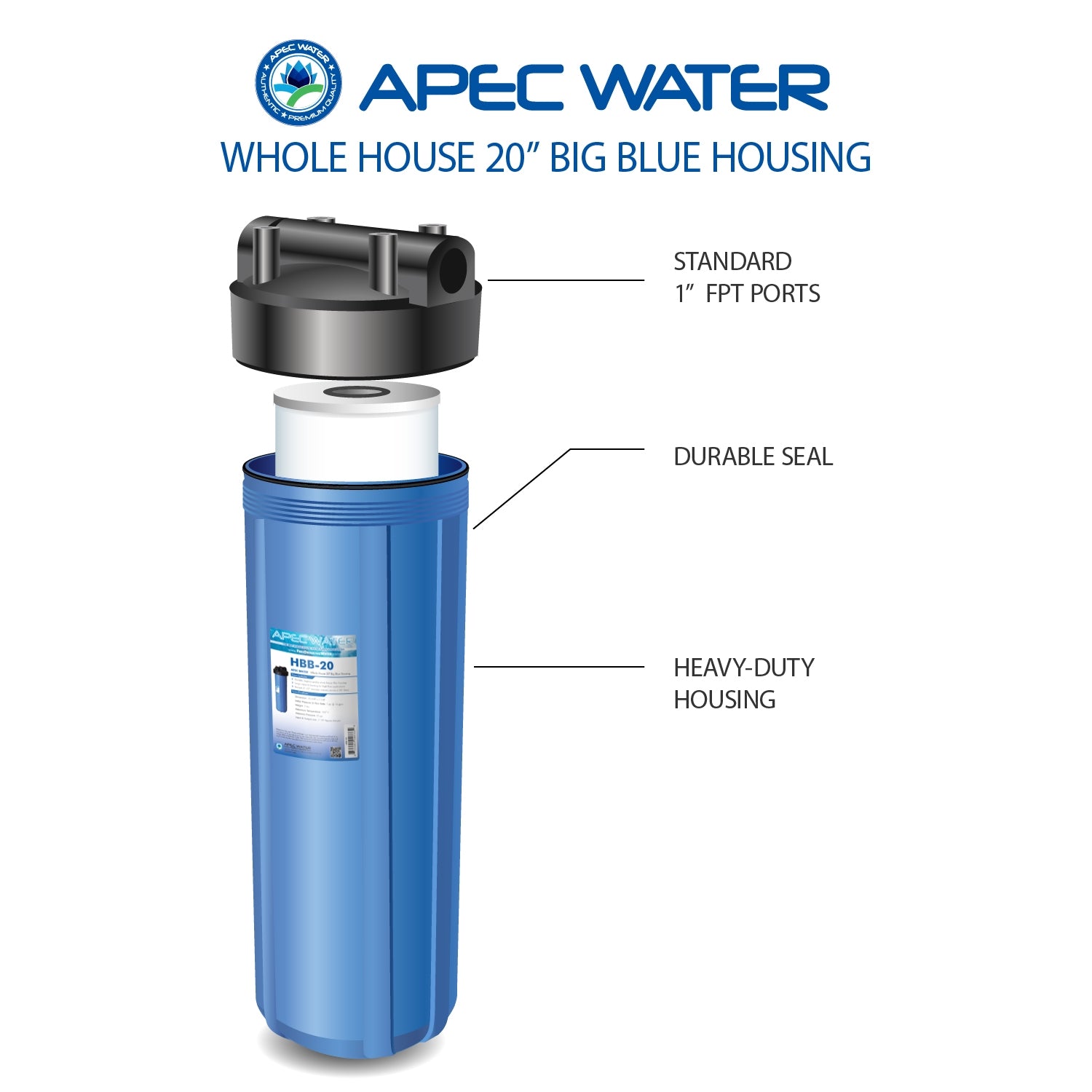Whole House 20 inch blue housing with standard 1 inch ports, durable seal, and heavy duty housing
