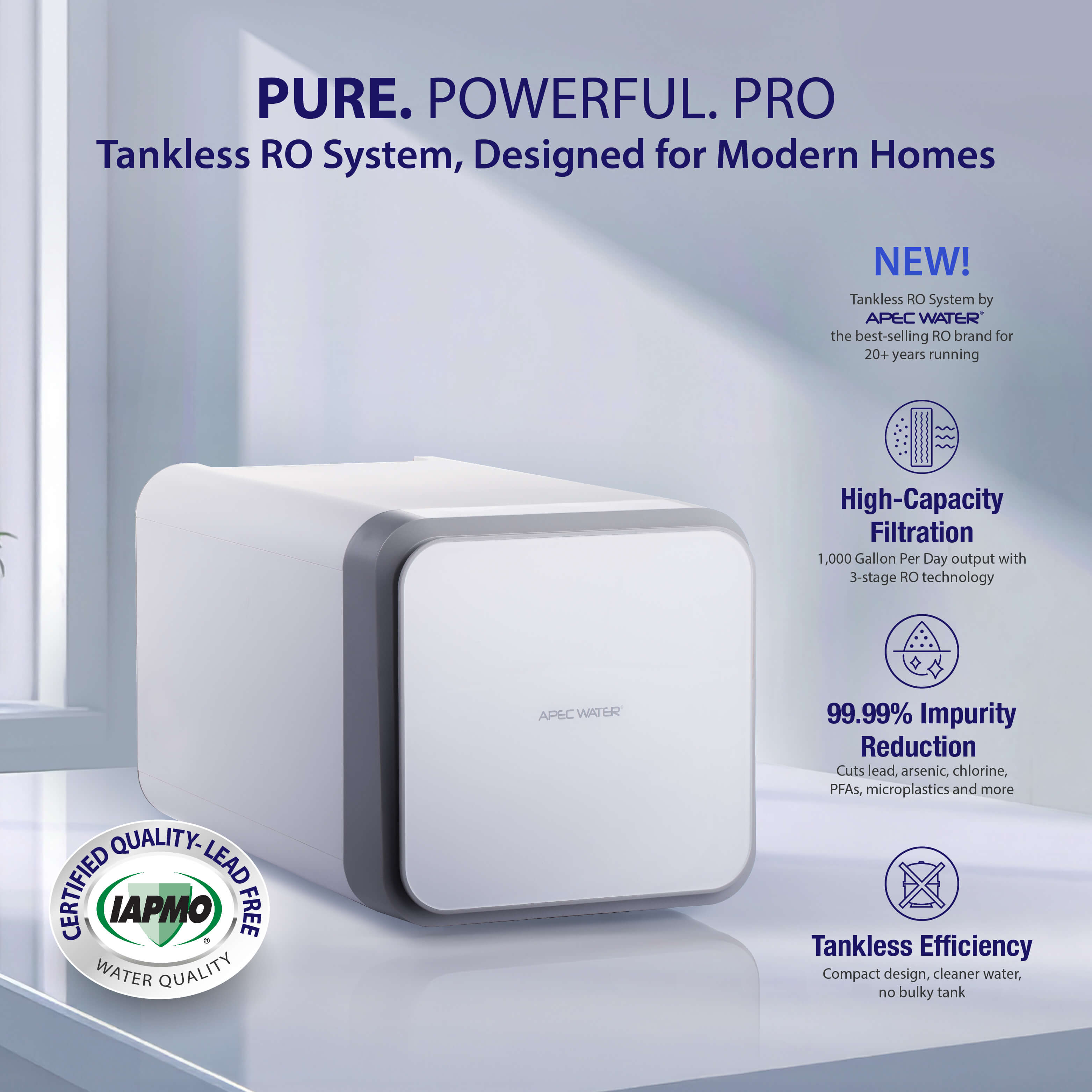 ROTL-A1000 - Tankless RO System, NSF 372 & 58 Certified 3 Stage Water Filter, 1000 GPD Reverse Osmosis System